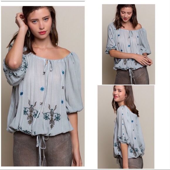 white Boho Floral Embroidered Woven Top - Picture 2 of 13